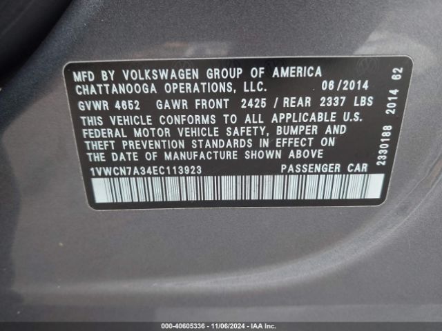 1VWCN7A34EC113923 Volkswagen Passat 2.0l Tdi Sel Premium
