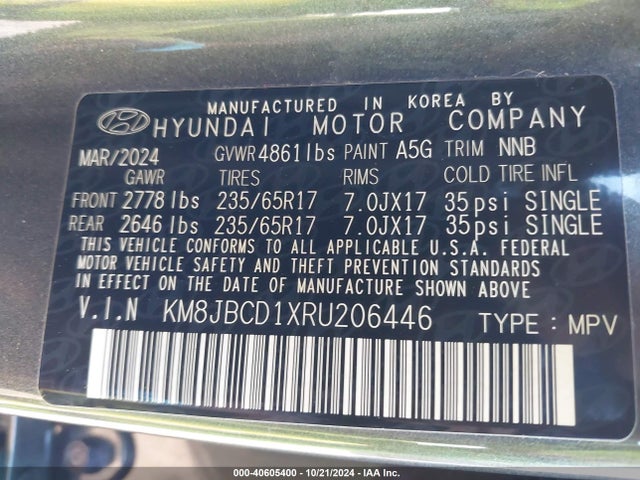 KM8JBCD1XRU206446 Hyundai Tucson Hybrid Blue