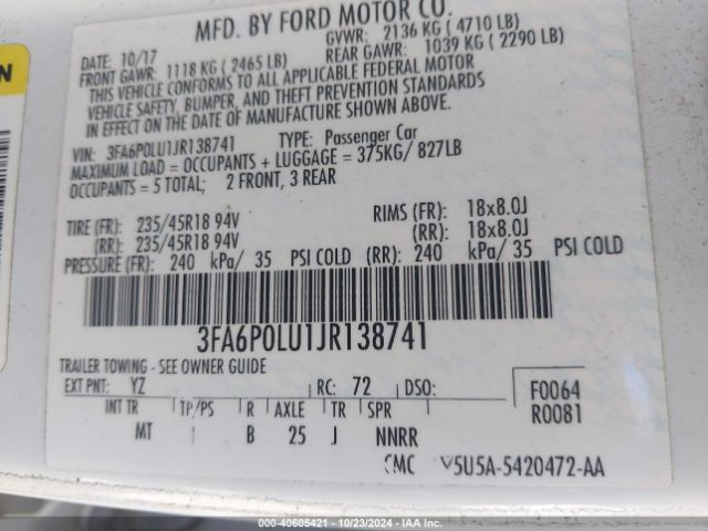 3FA6P0LU1JR138741 Ford Fusion Hybrid Se