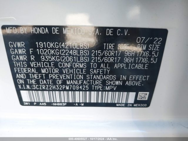 3CZRZ2H32PM709425 Honda Hr-v Awd Lx