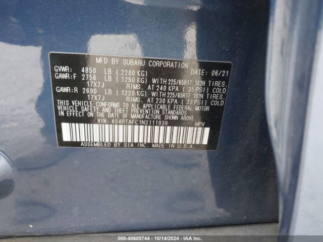 4S4BTAFC1N3111939 Subaru Outback Premium