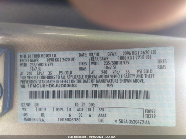 1FMCU0HD0JUD00653 Ford ESCAPE SEL