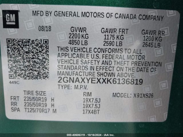 2GNAXYEXXK6136819 Chevrolet Equinox Premier
