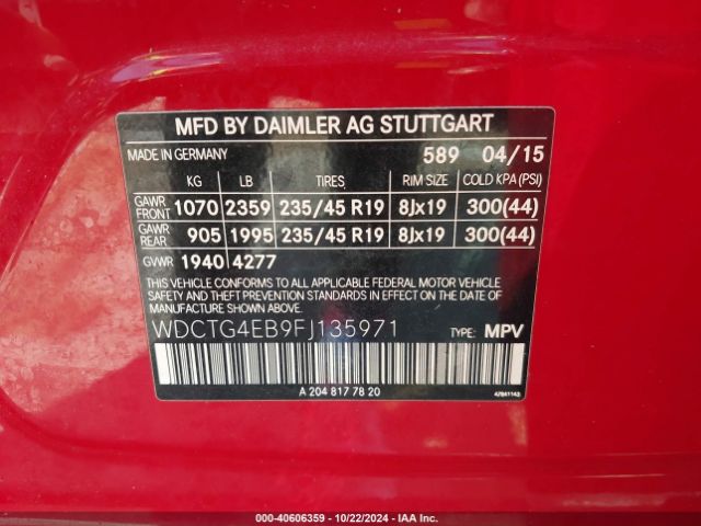 WDCTG4EB9FJ135971 Mercedes-Benz GLA 250