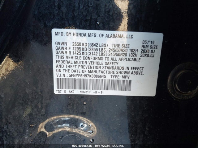 Honda Pilot Touring 2019 5FNYF6H97KB086645 Image 9