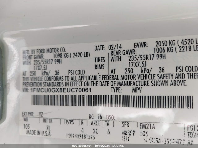 Ford ESCAPE SE 2014 1FMCU0GX8EUC70061 Image 9