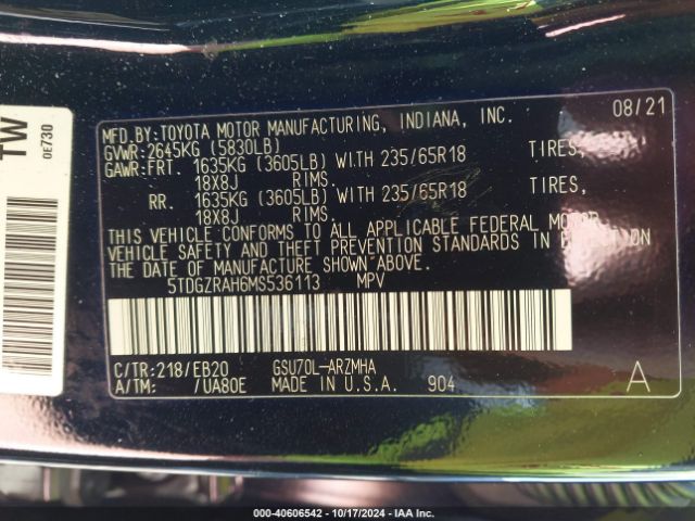 5TDGZRAH6MS536113 Toyota Highlander Xle