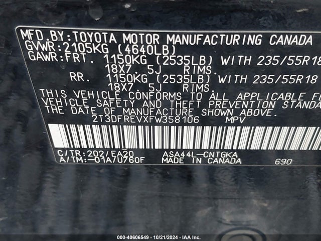 Toyota Rav4 Limited 2015 2T3DFREVXFW358106 Image 9