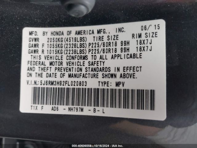 5J6RM3H92FL020803 Honda Cr-v Touring