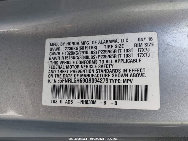 Honda Odyssey Ex-l 2016 5FNRL5H69GB094279 Image 9