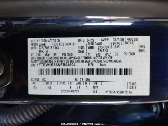 1FTEW1E86NFB04604 Ford F-150 Tremor