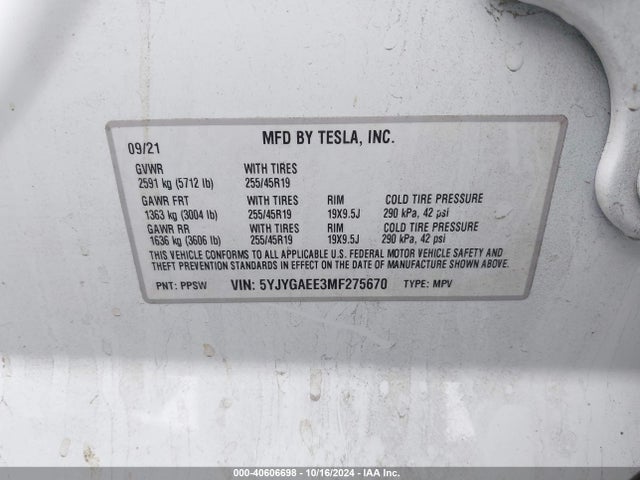 2021 TESLA MODEL Y 5YJYGAEE3MF275670 Photo 8