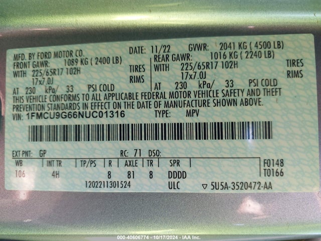 Ford ESCAPE SE 2022 1FMCU9G66NUC01316 Image 9
