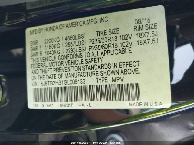 5J8TB3H31GL006133 Acura Rdx Acurawatch Plus Pkg