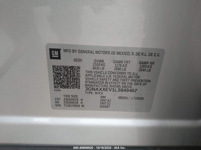 3GNAXXEV1LS649467 Chevrolet Equinox Awd Premier 1.5l Turbo
