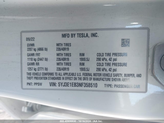 2022 TESLA MODEL 3 5YJ3E1EB3NF358510 Photo 8