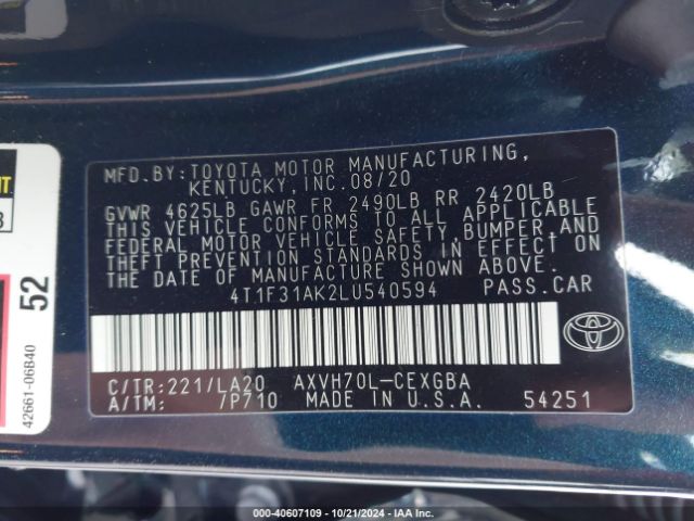 4T1F31AK2LU540594 Toyota Camry Xle Hybrid