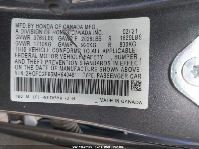 2HGFC2F66MH540481 Honda Civic Lx