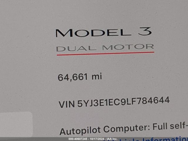 5YJ3E1EC9LF784644 Tesla Model 3 Performance Dual Motor All-wheel Drive