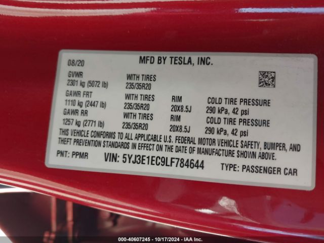 5YJ3E1EC9LF784644 Tesla Model 3 Performance Dual Motor All-wheel Drive