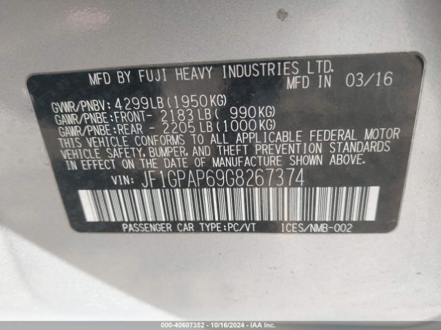 JF1GPAP69G8267374 Subaru Impreza 2.0i Sport Premium