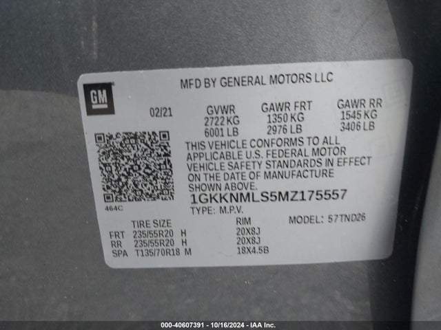 1GKKNMLS5MZ175557 GMC Acadia Fwd Slt