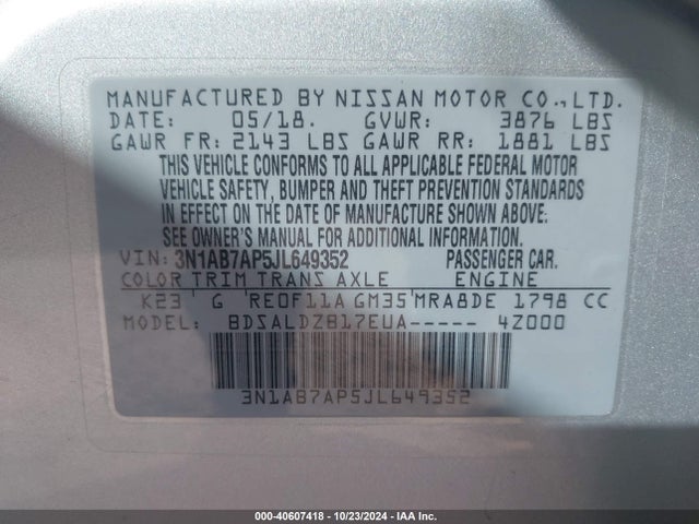 Nissan SENTRA SV 2018 3N1AB7AP5JL649352 Image 9