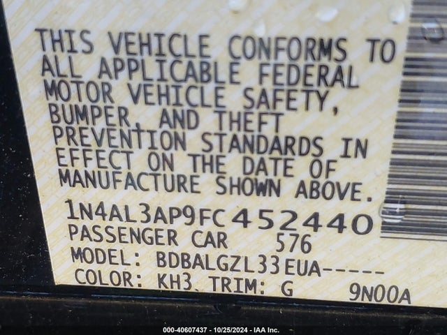 Nissan Altima 2.5 S 2015 1N4AL3AP9FC452440 Image 9