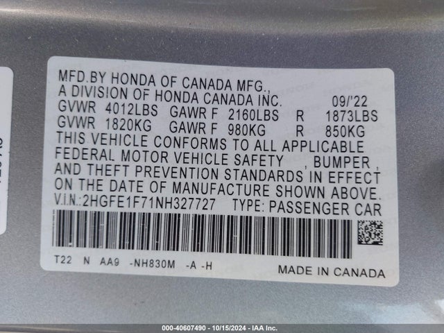 Honda CIVIC EX 2022 2HGFE1F71NH327727 Image 9