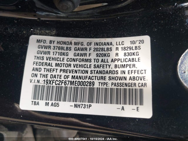 Honda Civic Lx 2021 19XFC2F67ME000289 Image 9
