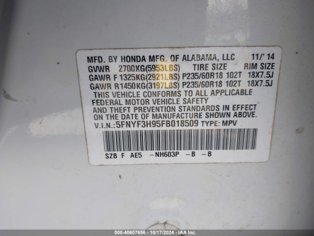 Honda Pilot Touring 2015 5FNYF3H95FB018509 Image 9