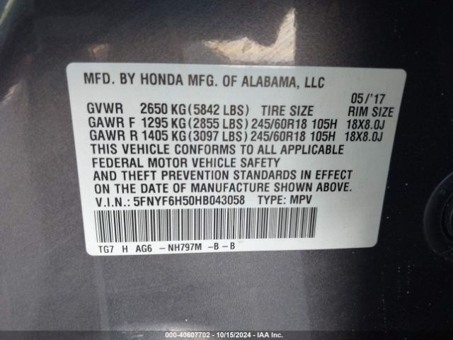 5FNYF6H50HB043058 Honda Pilot Ex-l