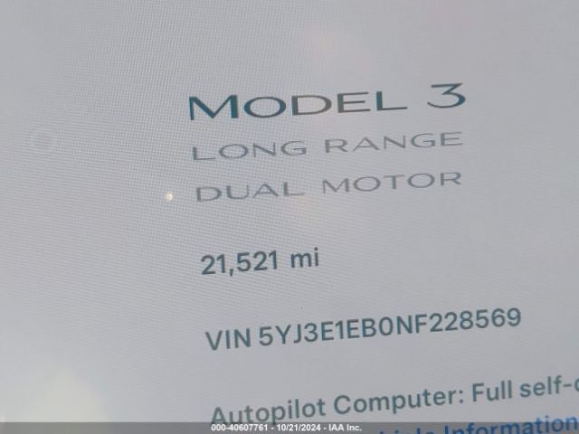 5YJ3E1EB0NF228569 Tesla Model 3 Long Range Dual Motor All-wheel Drive