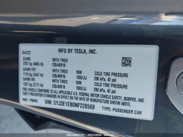 5YJ3E1EB0NF228569 Tesla Model 3 Long Range Dual Motor All-wheel Drive