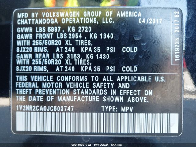 1V2NR2CA0JC503747 Volkswagen Atlas 3.6l V6 Sel Premium
