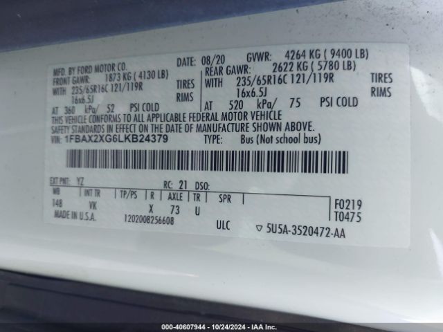 1FBAX2XG6LKB24379 Ford Transit-350 Passenger Van Xl