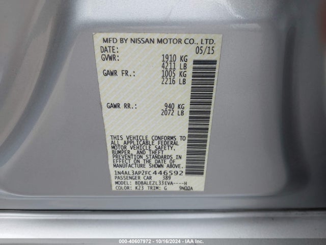 Nissan Altima 2.5 S 2015 1N4AL3AP2FC446592 Image 9
