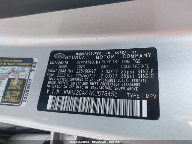 KM8J2CA47KU878453 Hyundai TUCSON SE