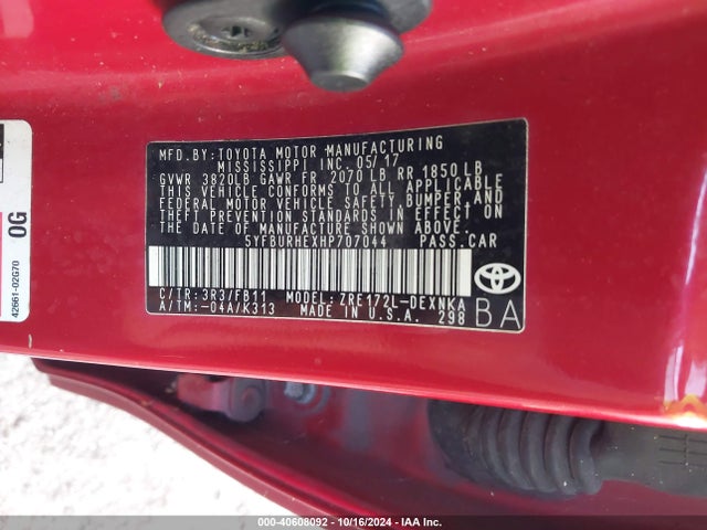 Toyota COROLLA LE 2017 5YFBURHEXHP707044 Image 9