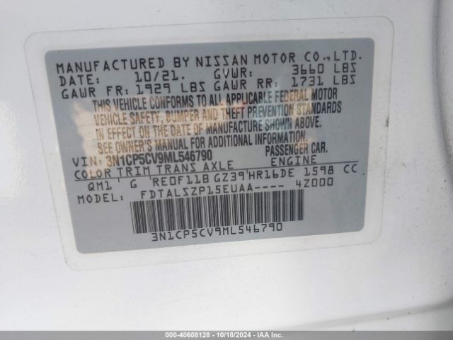 3N1CP5CV9ML546790 Nissan Kicks Sv Xtronic Cvt