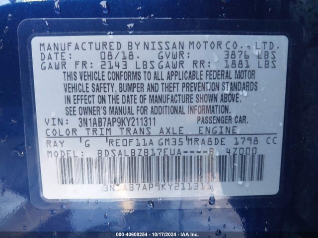 Nissan SENTRA S 2019 3N1AB7AP9KY211311 Image 9