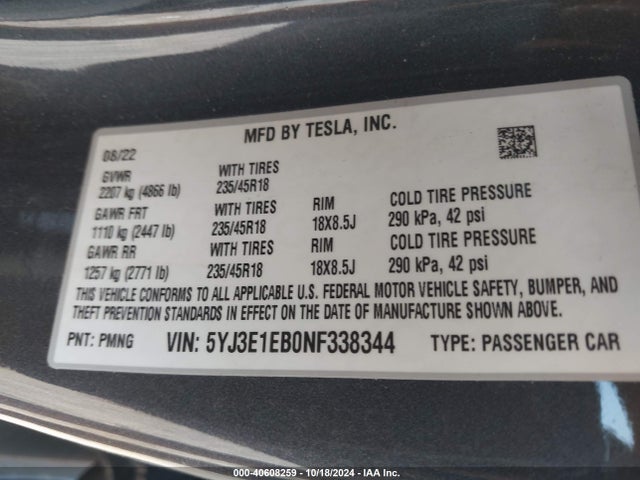 2022 TESLA MODEL 3 5YJ3E1EB0NF338344 Photo 8