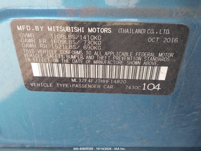 ML32F4FJ7HHF14820 Mitsubishi Mirage G4 Se