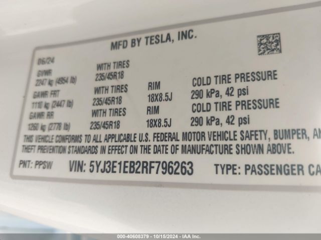 5YJ3E1EB2RF796263 Tesla Model 3 Long Range Dual Motor All-wheel Drive
