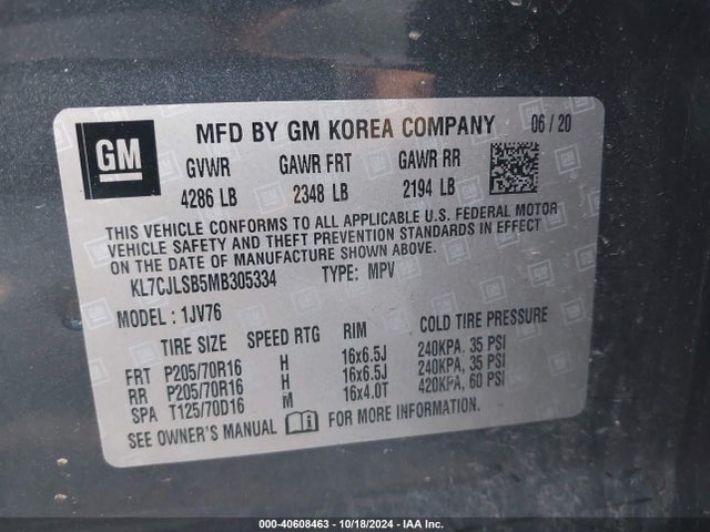 Chevrolet Trax Fwd Lt 2021 KL7CJLSB5MB305334 Image 9