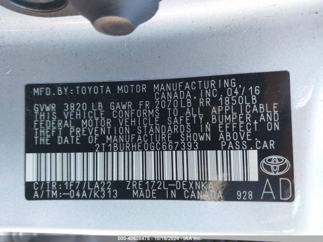 2T1BURHE0GC667393 Toyota Corolla Le Premium