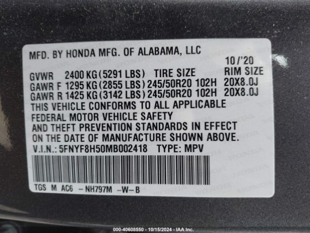 5FNYF8H50MB002418 Honda Passport Awd Ex-l