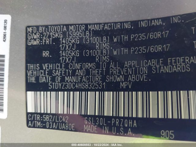 5TDYZ3DC4HS832531 Toyota Sienna Xle 8 Passenger