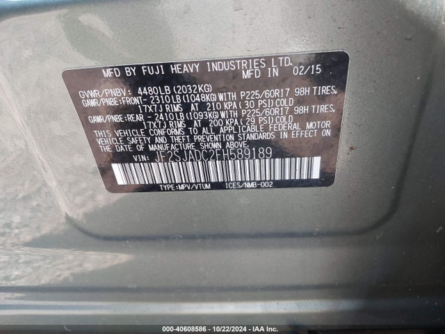 Subaru Forester 2.5i Premium 2015 JF2SJADC2FH589189 Image 9