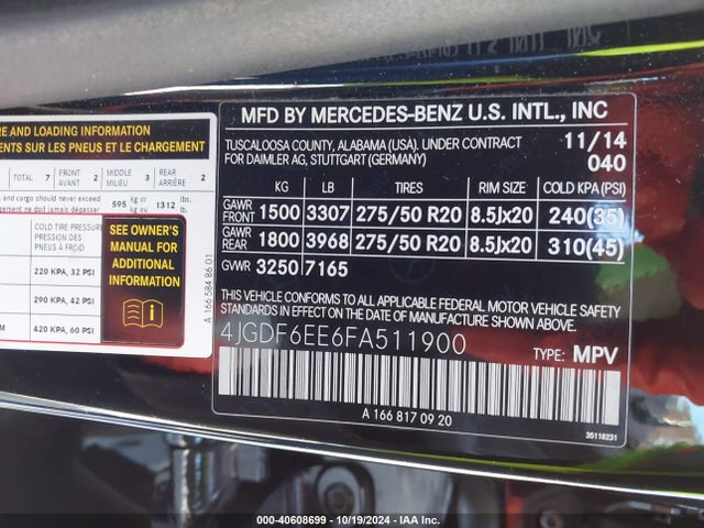 4JGDF6EE6FA511900 Mercedes-Benz Gl 450 4matic